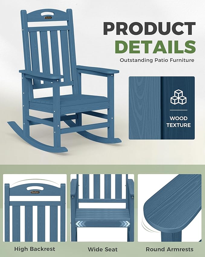 Oversized Outdoor Rocking Chair, High Back Porch Rocker Chair, HDPE All Weather Resistant Rocking Chairs for Patio, 380lbs Weight Capacity, Navy Blue