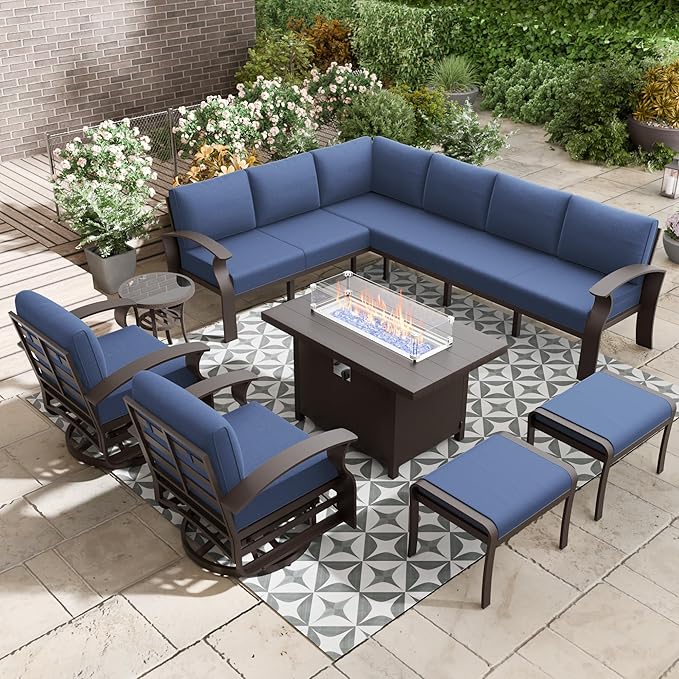 10-seat Aluminum Patio Furniture Set with Fire Pit Table, L-Shaped Sectional Sofa with 5.1" Cushions, High Backrest & 2 Footstools, Durable Outdoor patio Furniture Set, Backyard, Poolside - Blue