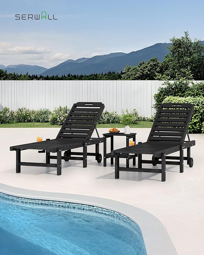 SERWALL Patio Chaise Lounge, HDPE Outdoor Lounge Chair with Cup Holder, 5 Positions Adjustable Poly Lounge Chair with Rolling Wheels for Poolside, Deck, Sunbathing, Black