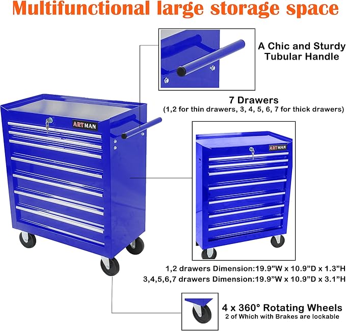7-Drawer Tool Cart on Wheels, Multifunctional Rolling Tool Chest, Storage Organizer for Garage, Workshop, Repair Shop (7 Drawers-29.9"H-Blue)