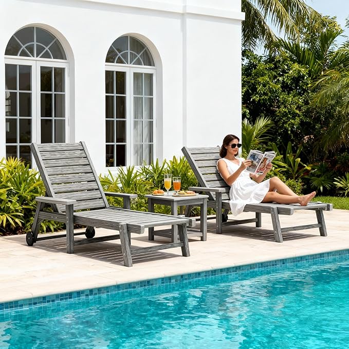 Patio Chaise Lounges Set of 2, HDPE Outdoor Lounge Chairs with Adjustable Backrest, Wheels, Armrest, All Weather Poly Lumber Recliner for, Poolside, Porch, 350lbs Weight Capacity (Grey)