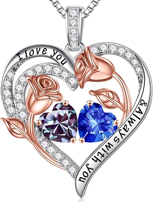 Iefil Christmas Gifts for Women Wife - 925 Sterling Silver Rose Heart Birthstone Necklace Birthday Anniversary Jewelry Gifts for Her Wife Mom Daughter