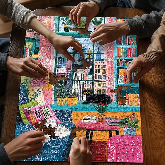 PICKFORU Cozy Puzzles 1000 Pieces, Cat Dog Jigsaw Puzzle Features Book Plant Bookshelf Animals, Puppy Kitten Challenge for Adults,Colorful Modern Art