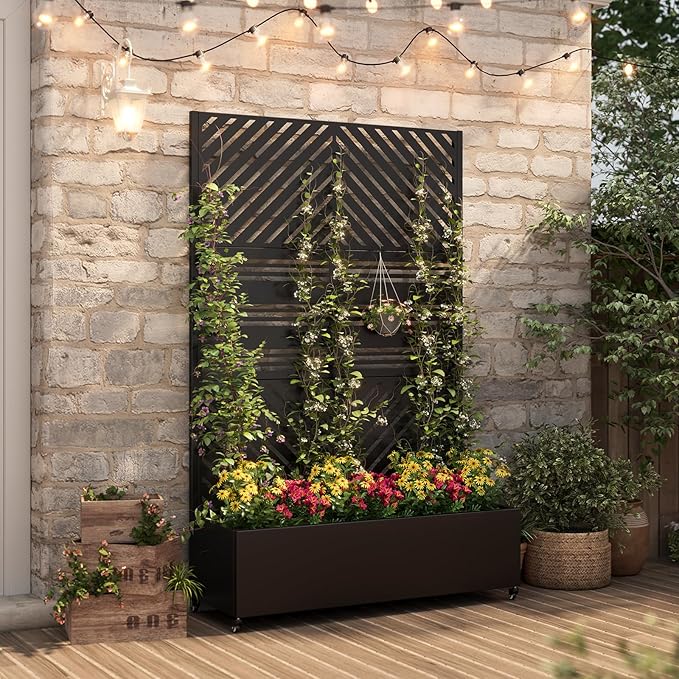 Metal Raised Garden Bed with Trellis & Wheels,72" x 47"x 15.7" Planter Box with Trellis,Privacy Planters for Patio,Garden Bed for Climbing Plants,Suitable for climbing plants and vegetables,Black