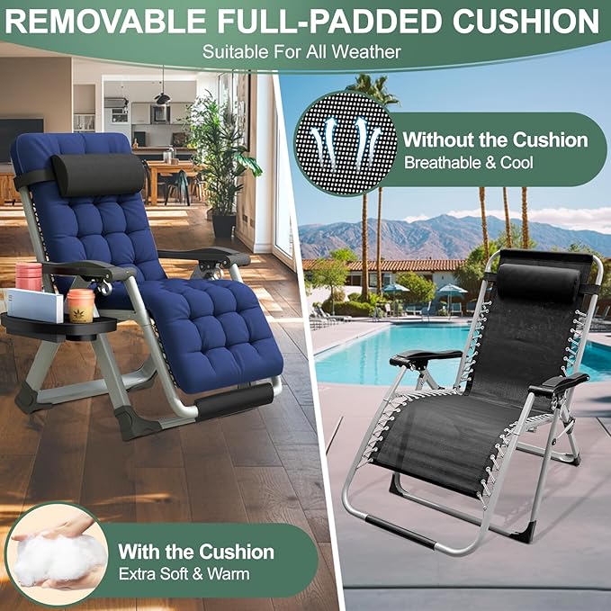 XL Zero Gravity Lounge Chair 29", Oversized Padded Folding Recliner for Patio with Storage Bag, Removable Cushion, Footrest, Full Aluminum Lock & Large Cup Holder, Supports 450 lbs, Blue