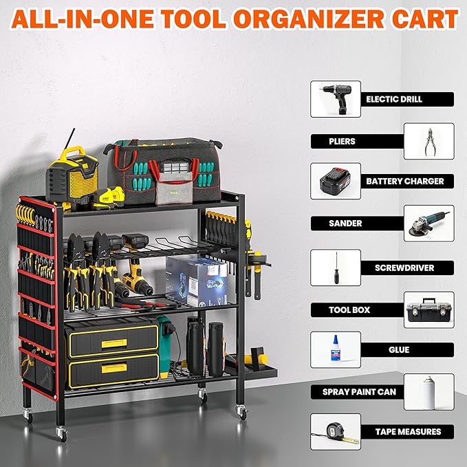 Ultrawall Power Tool Organizer Cart, 4-Tier Rolling Tool Storage Stand with Wheels, Garage Floor Tool Holder with Side Storage Pockets, Gift for Men