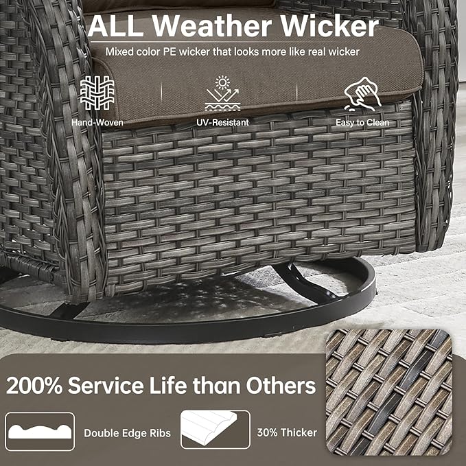 Outdoor Swivel Rocker Patio Chairs Set of 6-5" Thick Cushion 6 Piece Furniture Set with Fire Pit Table All Weather Wicker Conversation Set for Porch Deck - Gery Wicker | Gery Cushions