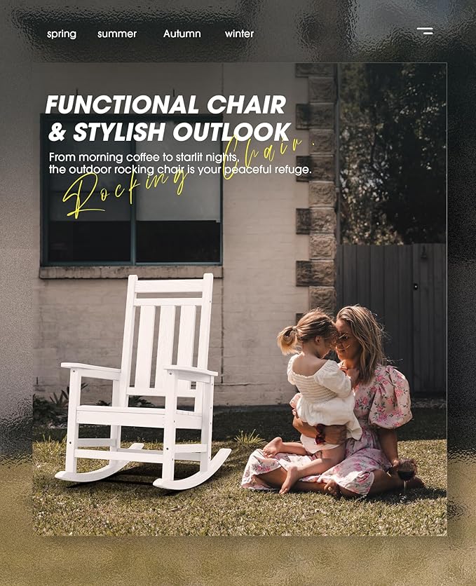 KINGYES Outdoor Rocking Chair, All-Weather Patio Rocking Chairs for Porch, HDPE Rocking Outdoor Chairs with High Back for Adult, Heavy Duty Outdoor Patio Rockers for Garden, Lawn, White