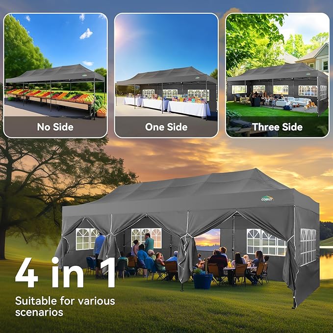 COBIZI 10x30 Pop up Canopy Tent Heavy Duty Without Sidewalls, Easy Set-up Commercial Outdoor Party Canopy, 100% Waterproof Wedding Gazebo, 3 Height Adjustable with Wheeled Bag, Gray
