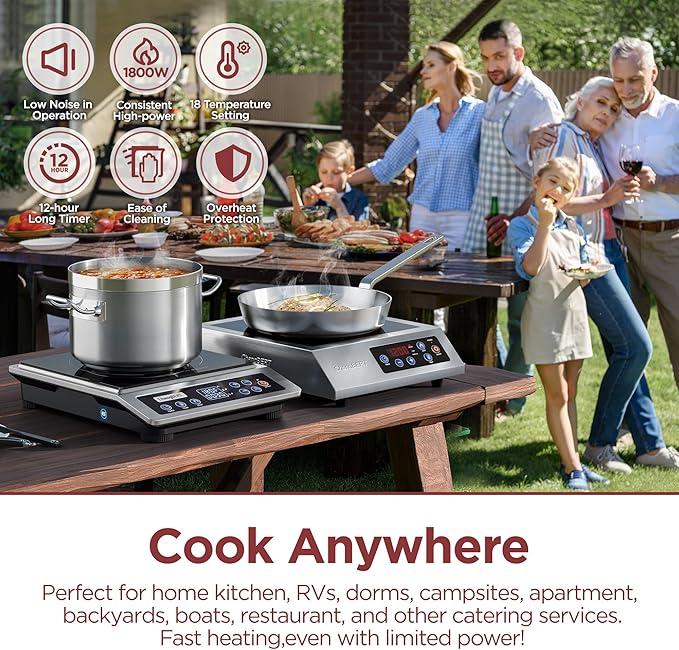 ChangBERT Portable Induction Cooktop, NSF Certified Pro Induction Hot Plate, Powerful 1800W with Large 8" Heating Coil, Premium Stainless Steel, 18 Temp Settings Commercial Grade Countertop Burner