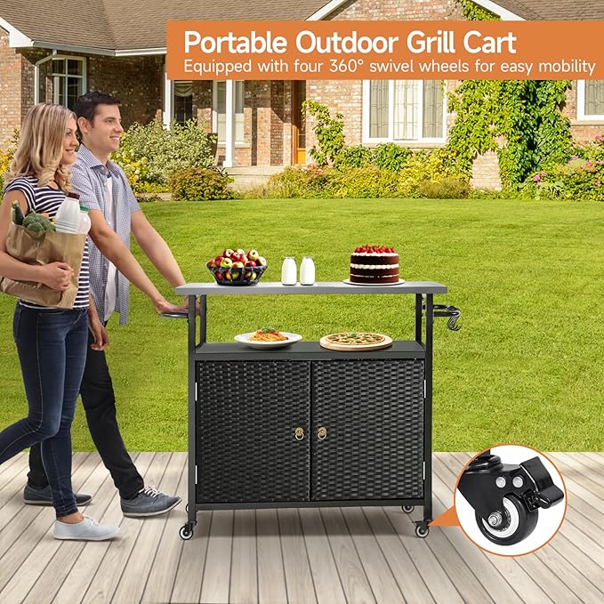Outdoor Storage Cabinet, Rattan Patio Bar Tables with Wheels, Kitchen Island Cart with Stainless Steel Top for BBQ, Patio, Backyard