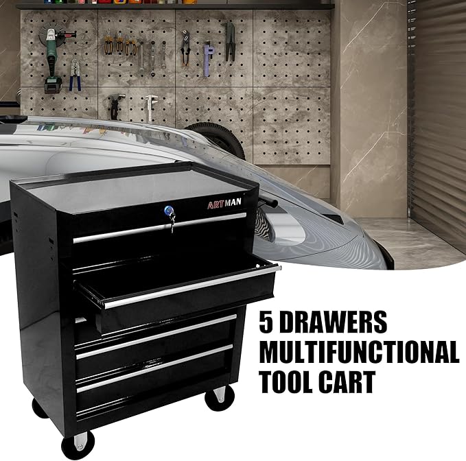 5 Large Drawers Rolling Tool Cart on Wheels, Trolley Organizer Tool Case Chest, Multifunctional Storage Tool Box for Workshop, Garage, Warehouse, Repair Shop (5 Drawers-29.3" H-Black)