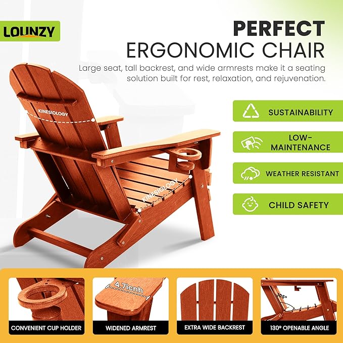 LOUNZY Folding Adirondack Chair Set of 8, HDPE All-Weather Folding Adirondack Chair with Cup Holders, Outdoor Patio Adirondack Chair for Deck Lawn Fire Pit, Orange