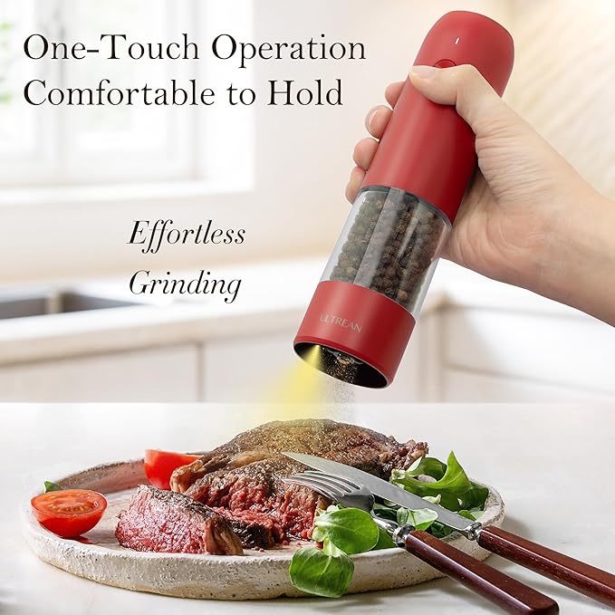 Ultrean Electric Pepper Grinder, Rechargeable Salt and Pepper Shakers with 6 Adjustable Coarseness, Automatic Grinder for Kitchen, LED Light, Red Christmas Gifts, Crimson Red
