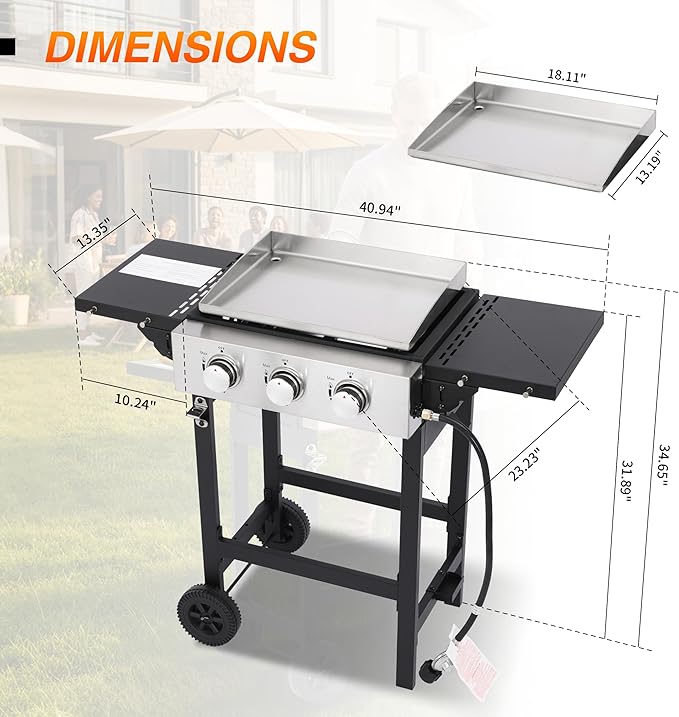 Portable 3-Burner Flat Top Grill with Folding Tabletop Design & Integrated Cart - 28650 BTU Propane Griddle for Outdoor Cooking, Camping, Tailgating