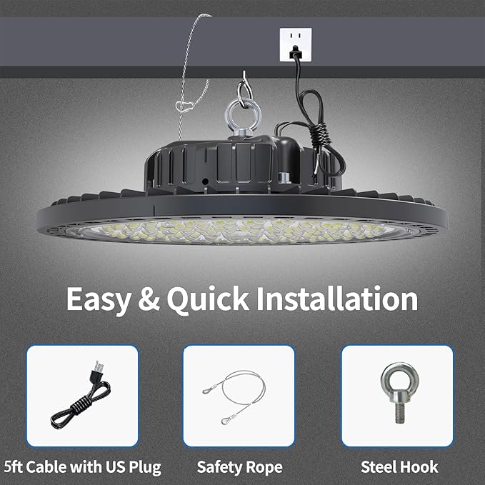 6 Pack UFO LED High Bay Light 200W, 29000 LM, 5000K with 5ft Power Cord, US Plug, Bright LED Shop Light for Basement Commercial Factory Garage Lighting, IP66 Waterproof, AC110-277V, ETL Listded