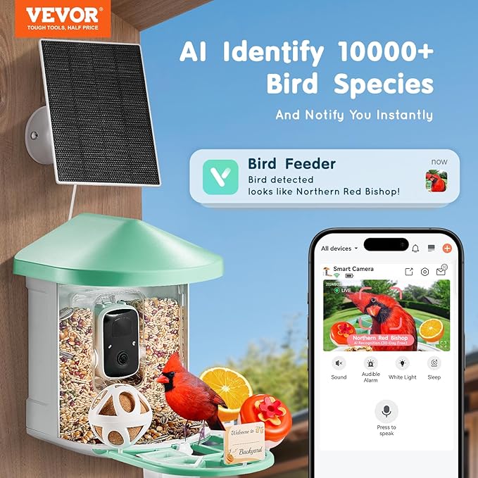 VEVOR Smart Bird Feeder with Camera, Solar Powered Bird House Camera, Wireless Outdoor Vedio Birdfeeder with AI Identify Birds, Auto Detect & Instant Notify and 2K Full HD, Ideal Gift for Bird Lover