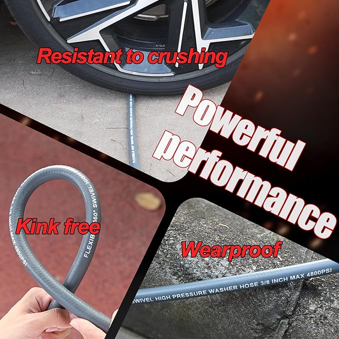 Kink-Resistant 3/8" Pressure Washer Hose 4800PSI(50FT),Steel Wire Braided Wear Resistant Rubber for Commercial, Industrial and Residential Use,Hot&Cold Water Hose with 3/8" Quick Connect