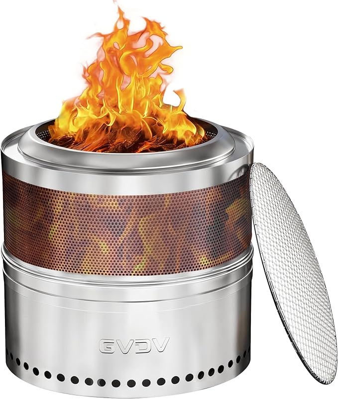GVDV Smokeless Firepit, 20 Inch Outdoor Fire Pit with Grill & Removable Ash Pan, Hollow-Carved Design, Camping Fire pits for Outside Wood Burning, Portable Bonfire Stove with Carry Bag