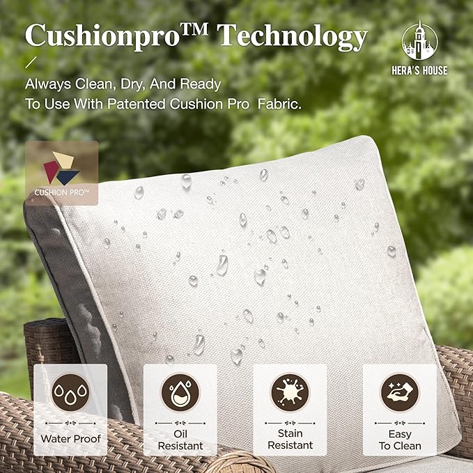 HERA'S HOUSE 8-Piece Patio Furniture Set, All Weather 9 Seats Outdoor Wicker Sofa with Ottomans, Rattan Patio Conversation Set with 5.5" Cushions and 57" Fire Pit Table, Beige