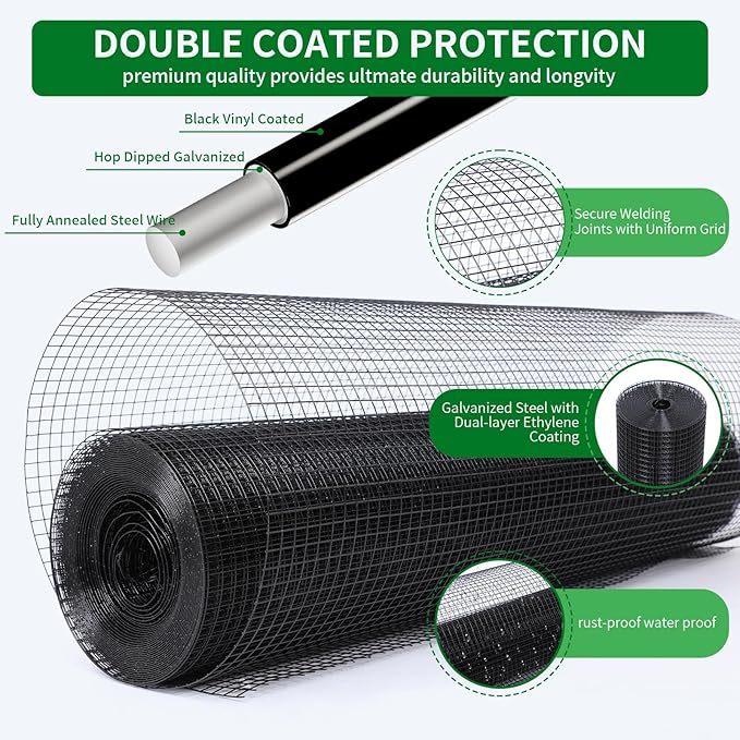 Black Hardware Cloth 19 Gauge 1/2 inch 48 inch x 50 Foot Chicken Wire Fenceing Roll PVC Coated Wire Mesh Vinyl Coated Fence for Chicken Coop Garden Fencing Rat Wire Mesh