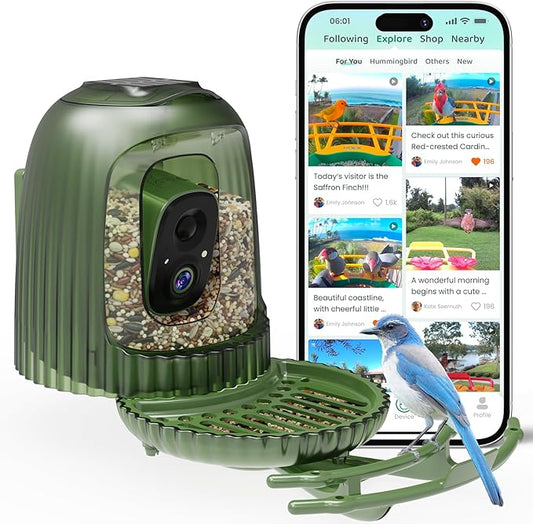 HIXX Smart Bird Feeder with Camera, AI Bird Identifier & 4MP Color Night Vision, Exclusive Vertical View Mode, Squirrel-Deterrent Design, Solar Light for Nature Lovers (Soft White)