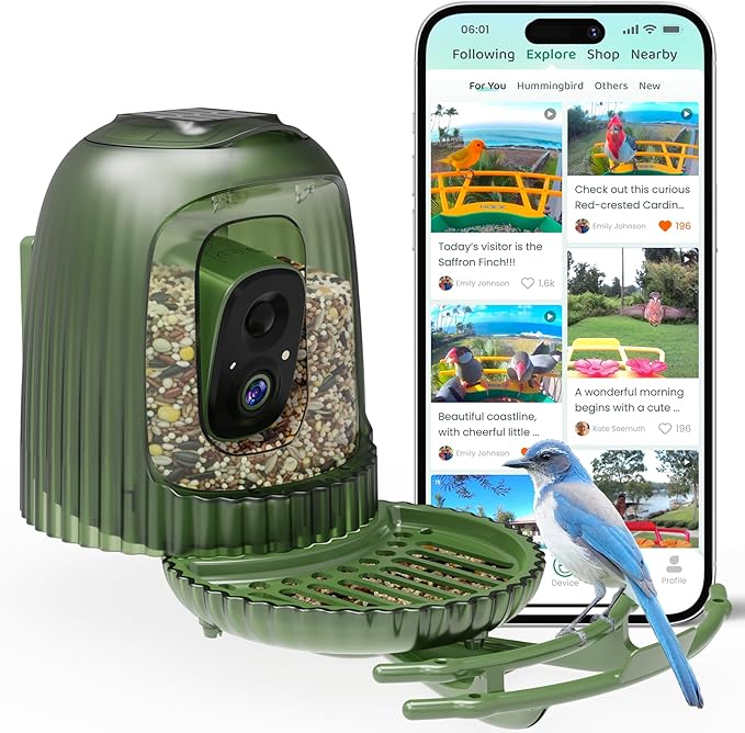 HIXX Smart Bird Feeder Camera with AI Bird Recognition, Squirrel-Proof with Retractable Perch, 4MP Color Night Vision & Vertical View, Solar Light Gift for Birding Lovers (White Light)
