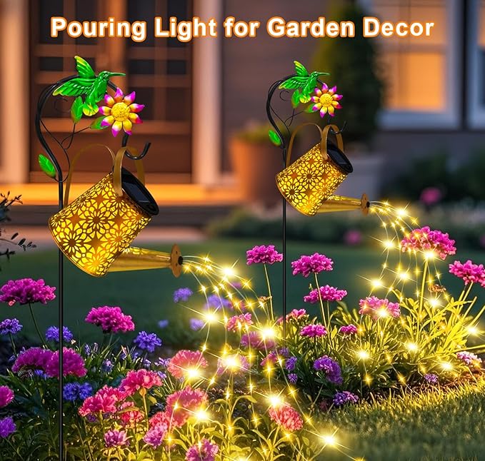 Solar Metal Watering Can with Hummingbrid Shepherd Hook and Cascading Lights - Outdoor Solar Lantern for Garden, Yard, Patio Decor and Gardening Gifts for Women Mother's Day