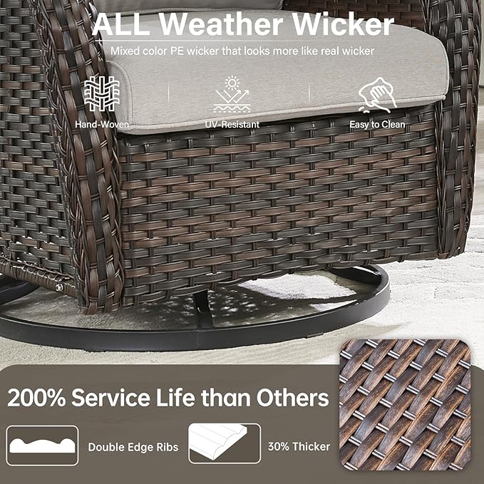Outdoor Swivel Rocker Patio Chairs Set of 4 with Coffee Table - 5" Thick Cushion 8 Piece Furniture Set All Weather Comfortable Wicker Conversation Set for Porch Deck - Brown/Beige