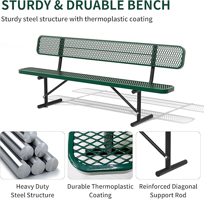 8 Ft Metal Park Bench for Outside, All-Weather Thermoplastic Coating Outdoor Bench with Backrest, Commercial Heavy Duty Benches for Shopping Malls, Stores, Parks, Patios, Decks, Green