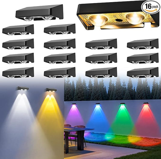 Solar Fence Lights Outdoor,50 LM 11 Modes & 9 Colors Solar Lights with Brighter LED Focus Lens Waterproof IP65 for Wall Backyard Deck Patio Porch Step Railings Pool Decor（16 Pack）