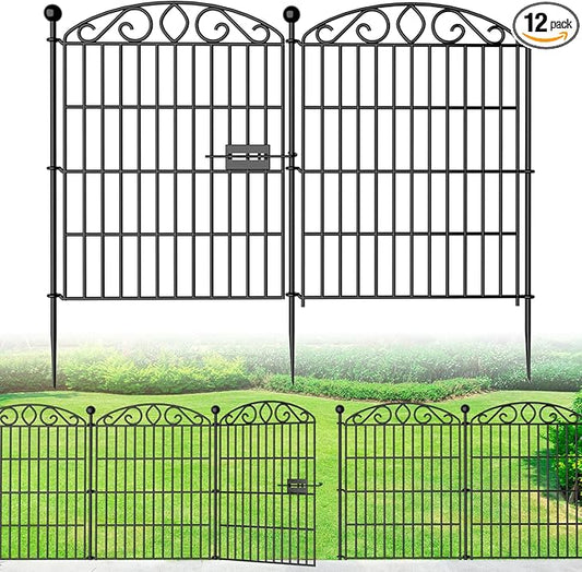 Garden Fence 12 Panel with Gate - 30in H x 23.6ft L, No Dig Rustproof Metal Tall Animal Barrier for Dogs Rabbits, Decorative Outdoor Border for Yard, Patio, and Flower Beds