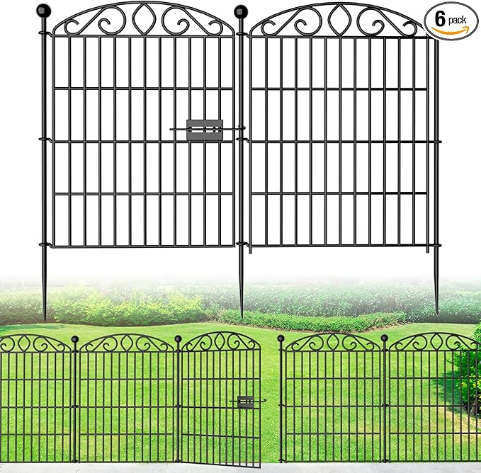 No Dig Decorative Garden Fence 6 Panel with Gate - 30in H x 11.8ft L, Tall Animal Barrier for Dogs Rabbits, Rustproof Metal Wire Panels for Yard, Patio, and Outdoor Border Use