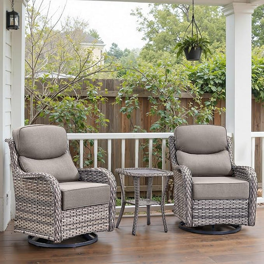 Swivel Patio Chairs Set of 3 with 6" Thick Cushion - Wicker Outdoor Swivel Rocker Patio Chairs with Side Table, High Back Comfortable Outdoor Glider - Grey Wicker | Grey Cushions