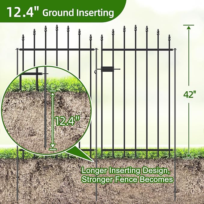 Metal Garden Fence with Gate 42 in H x 12 ft L, 1 Gate + 5 Panels Border Dog Fence Panels Animal Barrier, No Dig Garden Fencing for Yard Patio Flower Bed Lawn Outdoor, Arch Black
