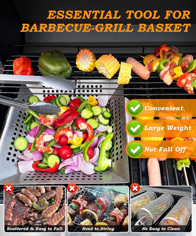 Grill Basket for Outdoor Cooking 13.4 Inch, Stainless Steel Vegetable & Fish Grilling Tray with Handle, Nonstick Dishwasher Safe BBQ Accessories for Camping, Backyard BBQ