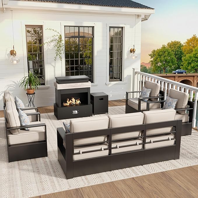 Aluminum Outdoor Conversation Furniture Set with Furniture Covers & 6" Cushions- Patio 79" Sofa with 4 Chairs & 63" Steel Propane Fireplace, 50,000 BTU Fire Pit with CSA Certified (Grey)