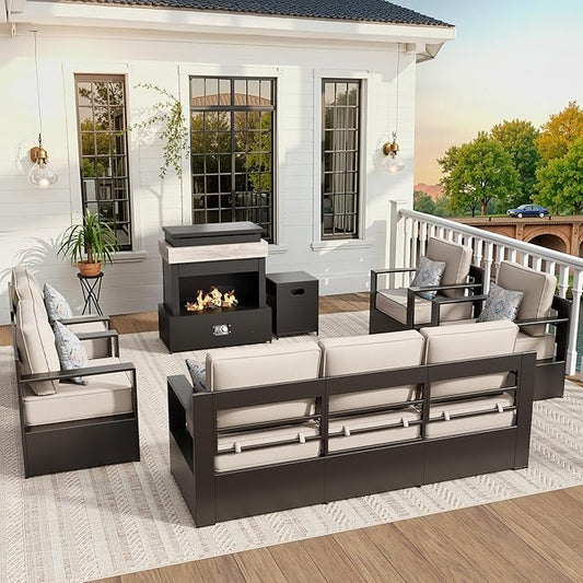 Aluminum Outdoor Conversation Furniture Set with Furniture Covers & 6" Cushions- Patio 79" Sofa with 4 Chairs & 63" Steel Propane Fireplace, 50,000 BTU Fire Pit with CSA Certified (Grey)