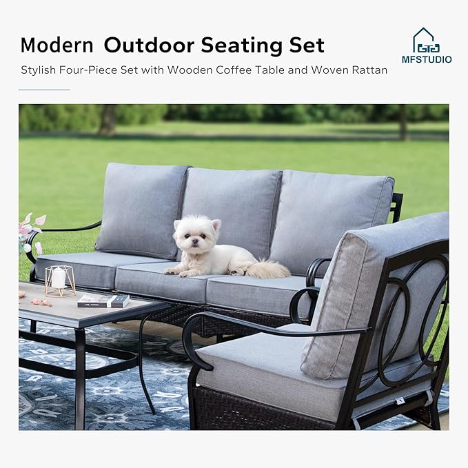 MFSTUDIO 5 PCS Outdoor Patio Furniture Set, Metal Outdoor Conversation Set, Rattan Wicker Patio Sectional Sofa Set with 2 x Fixed Single Sofa, 2-Seat and 3-Seat Sofa, 1 x Coffee Table, Grey
