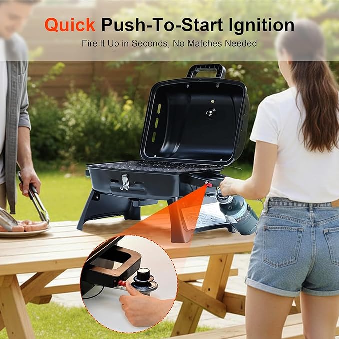 BrandMan Portable Propane Gas Grill, 1-Burner Tabletop Compact BBQ Grill with Folding Legs and Lockable Lid for Camping, Tailgating & Outdoor Cooking, Hassle-Free Setup