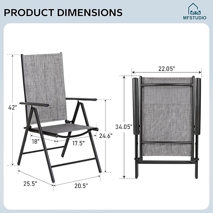 MFSTUDIO Patio Folding Dining Chairs Set of 2, Outdoor Patio Chairs, Portable Grey Sling Patio Chairs, 7 Levels Adjustable Sling Back Chairs for Garden Lawn Deck