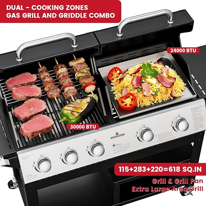 5-Burner Propane Gas Griddle Grill Combo with Porcelain-Enameled Cast Iron Grate & Cast Iron Pan, Dual BBQ Grill With Flat Top Griddle for Outdoor Kitchen & Backyard Barbecue,618 SQIN Cook Area