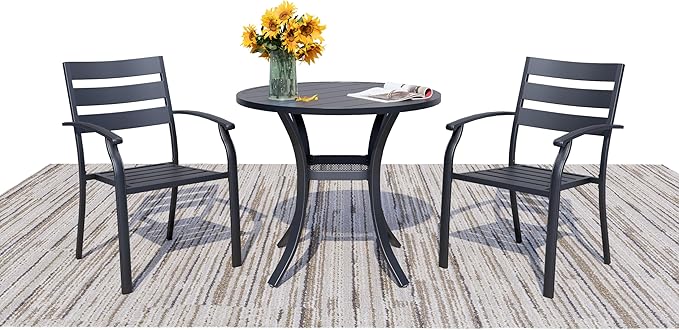 3 Piece Outdoor Dining Set, Patio Dining Set for 2, 27.6" Metal Round Table with 2 Black Metal Outdoor Dining Chairs with Armrest for Lawn, Garden, or Porch