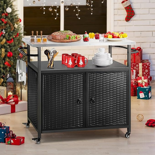 Outdoor Grill Cart with Storage, Outdoor Bar Cart with Wheels, Kitchen Island Cart with Stainless Steel Top for BBQ, Patio, Backyard
