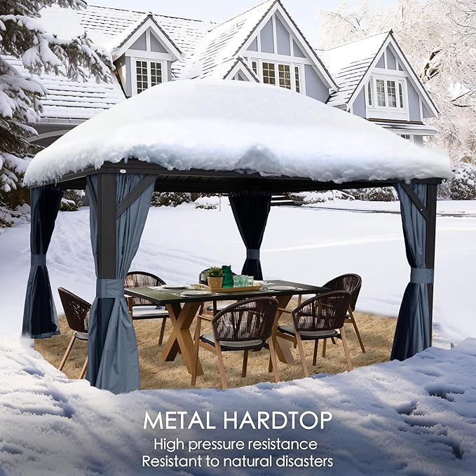 Kozyard Alexander 12' X 14' Aluminum Hardtop Gazebo with Galvanized Steel Double Roof Canopy, Curtain and Netting, Permanent Gazebo Pavilion for Patio, Backyard, Deck, Lawn (Gray)
