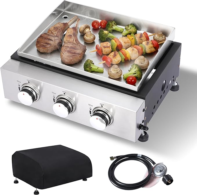 Burner Table top Propane Griddle with Detachable Top | Ultimate Portable Outdoor Cooking Station | Includes Stainless Steel Warming Rack for Camping, Tailgating & BBQs (3 burner)