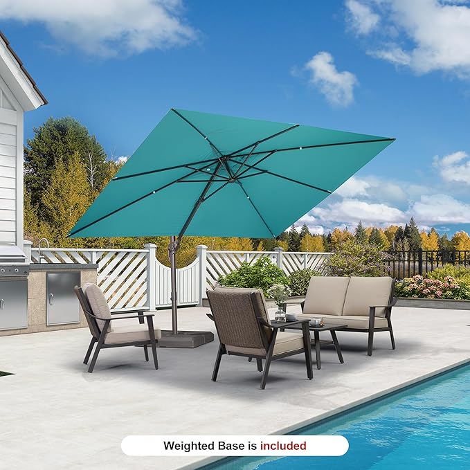 PURPLE LEAF 9' X 9' Patio Umbrella With Base Square Cantilever Umbrella Outdoor with 360° Rotation and Aluminum Offset Hanging for Pool Deck Garden Backyard, Turquoise