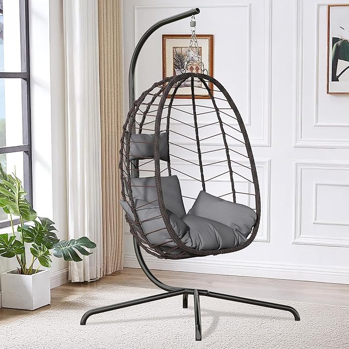 Hanging Egg Chair with Stand, Swinging Egg Chair Outdoor Indoor, Hanging Basket Chair with Cushion, Patio Wicker Hammock Chair 350lbs Capacity for Bedroom, Porch, Balcony, Backyard, Garden (Grey)