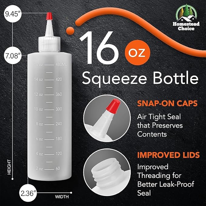 Homestead Choice 7-pack Plastic Squeeze Bottles for Sauces - 16oz Condiment Squeeze Bottles for Liquids - BPA Free Squirt Bottle with Cap - Ketchup, Syrup, Oil, Dressings, Honey & Arts and Crafts