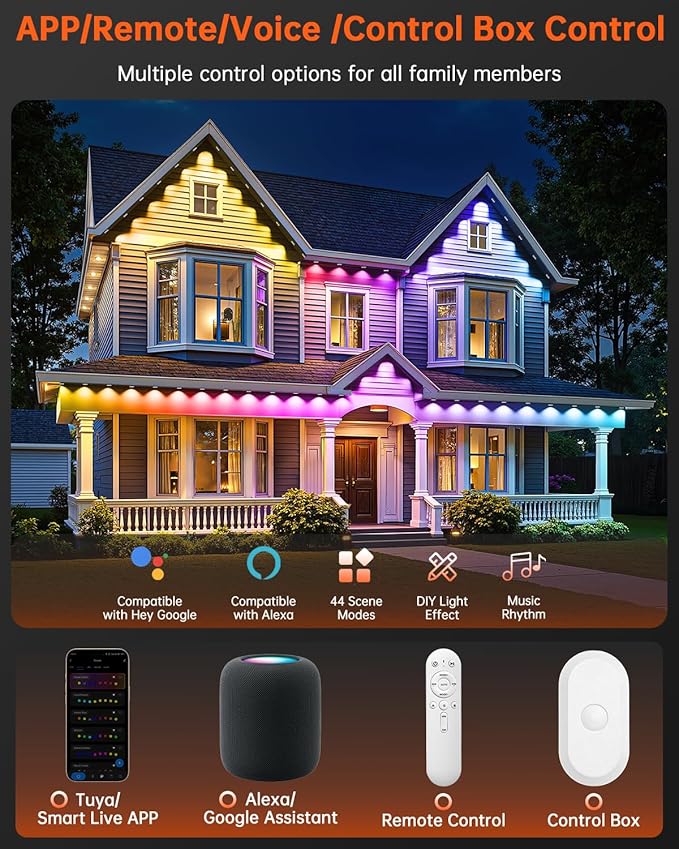 YAYZA! Permanent Outdoor Lights Pro,150ft 108 LED Smart RGB+IC+Warm/Cool White Christmas Eave Lights, 135lm, Music Sync & DIY Scenes, IP67 Waterproof for Outside Decor Works with Alexa,Google, Remote